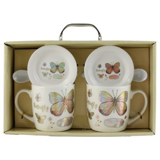 Set 2 cani cu farfurii si lingurite ceram butterfly 234143