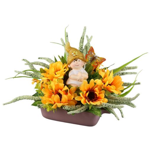 Aranjament floral cu floarea soarelui si figurina 30 cm