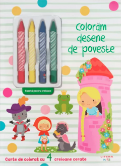 Coloram desene de poveste. Carte de colorat cu 4 creioane cerate