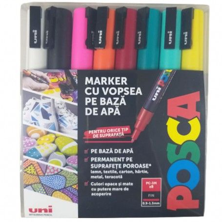 Marker uni pc-3m posca 0.9-1.3mm set 8 culori