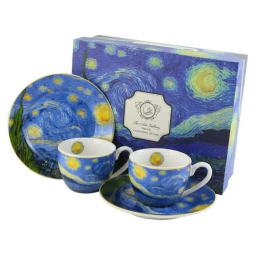 Set 2 cesti espresso+farfurii portelan 90ml starry night