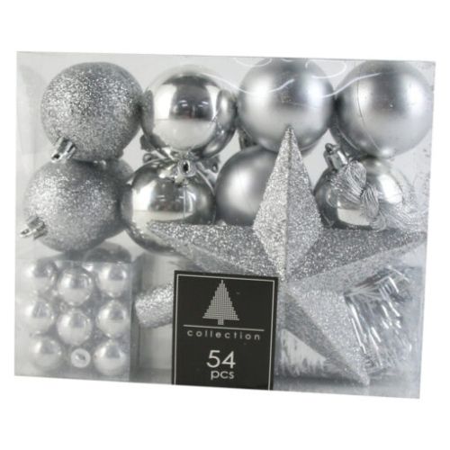 Set 54 ornament pentru brad din plastic argintiu acs102610