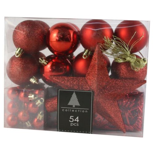 Set 54 ornament pentru brad din plastic rosu acs102620