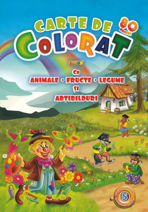 Carte de colorat jumbo 5 cu animale, fructe, legume si abtibilduri