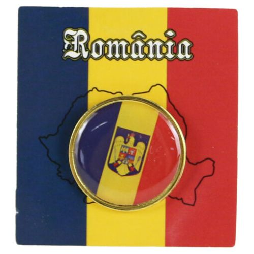 Insigna rotunda tricolor cu stema Romaniei 2.5 cm din metal