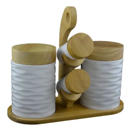 Set condimente ceramica alba pe suport bambus b3b5